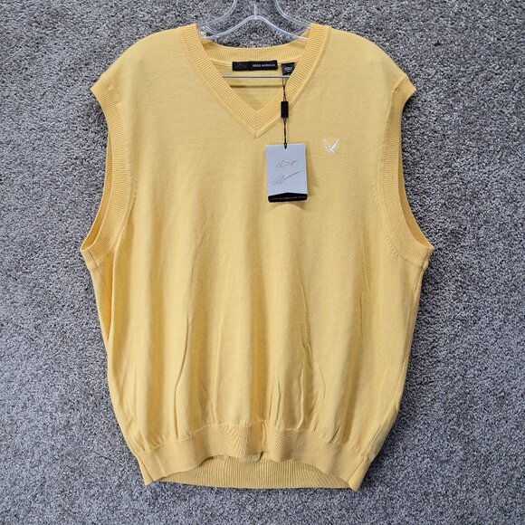Greg Norman Men's Golf Ultimate 100% Wool Sweater Vest Knit Yellow Large - Picture 1 of 15